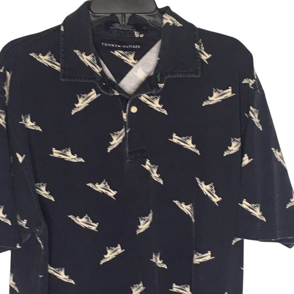 Tommy Hilfiger Polo Shirt Mens Large Blue Boat Print Nautical Short Sleeve - Picture 8 of 9